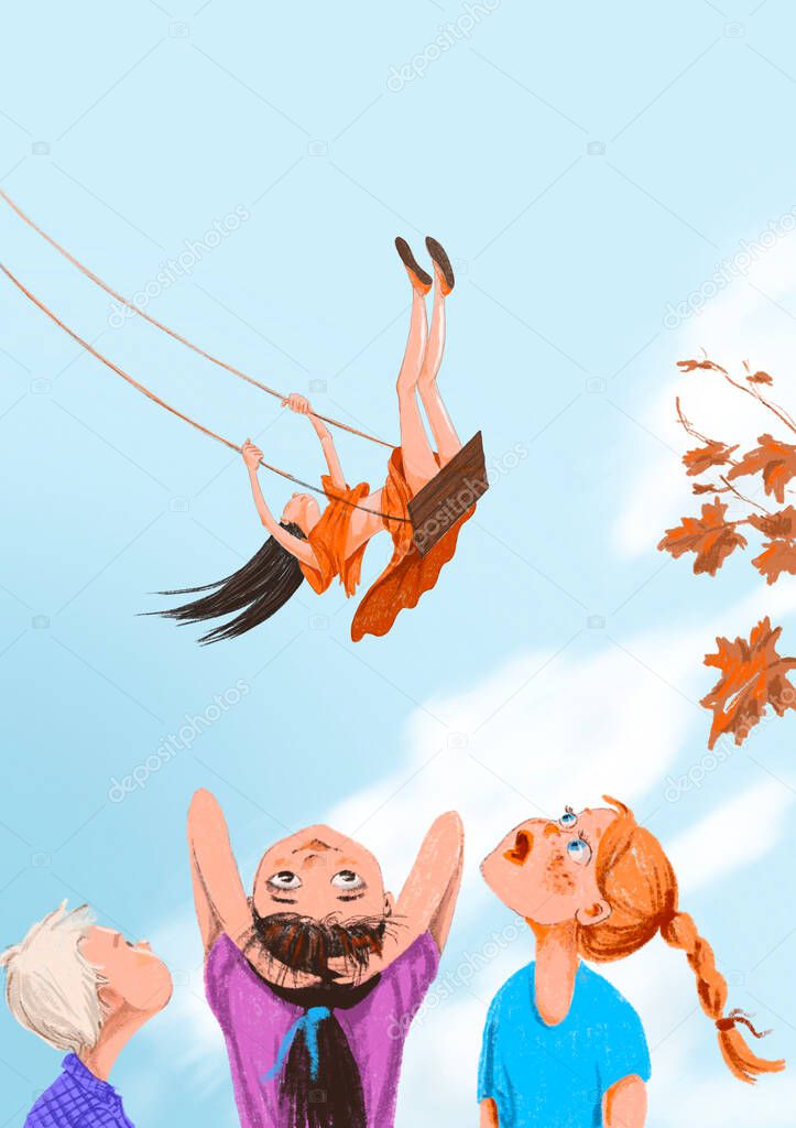The girl takes off on a swing high into the sky. Children are watching with admiration from below. Relationships in childhood