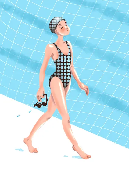 Ein Schlankes Mädchen Badeanzug Mit Schutzbrille Läuft Stolz Swimmingpool Entlang — Stockfoto