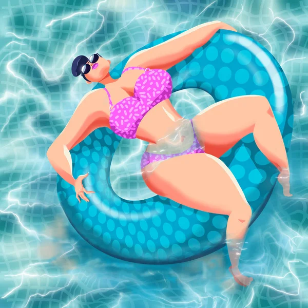 Girl Inflatable Ring Bright Bikini Swims Pool Resort Cute Cartoon — Stock Photo, Image