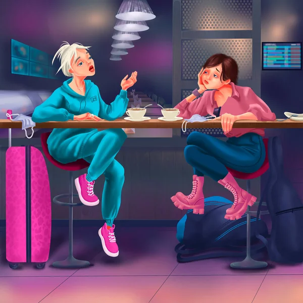 友達の女の子が空港のカフェでフライトを待っているバーに座っています 出発の遅れ 漫画のキャラクター観光客 旅行イラスト — ストック写真