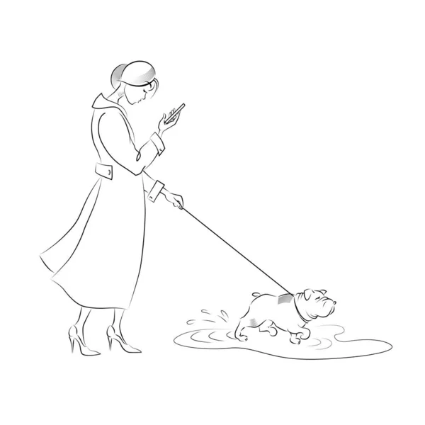 Young Woman Walks Dog Pet Runs Puddle Line Art Character — Stockový vektor