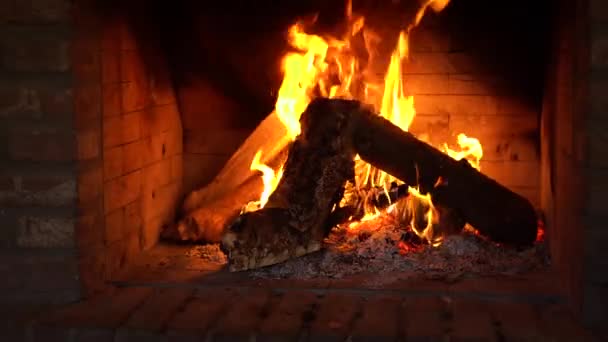 Burning Logs Fireplace Creates Comfort Romance Movement Flames Bricks Lit — Vídeos de Stock