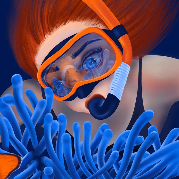 Cute Girl Swimming Mask Admires Coral Fish Clown Fish Reflected —  Fotos de Stock