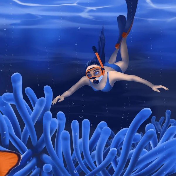Cute Girl Swimming Mask Fins Swims Corals Bright Underwater World —  Fotos de Stock