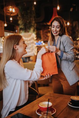 İki en iyi arkadaş güzel bir restoranda ya da bir kafede buluşur. Biri diğerine bir sürpriz hazırlar ve ona bir doğum günü hediyesi verir. Mutlu gençler.. 