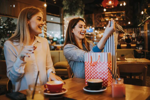 Alışveriş yaptıktan sonra kafeteryada ya da restoranda oturup mutlu mesut sohbet eden iki arkadaş. Ayrıca birbirlerine aldıkları kıyafetleri de gösteriyorlar..