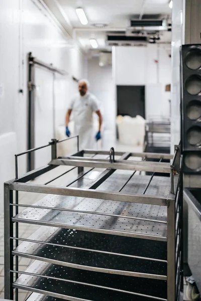 Ruční Pracovník Továrně Výrobu Sýrů Mléka Tradiční Evropská Ruční Výroba — Stock fotografie