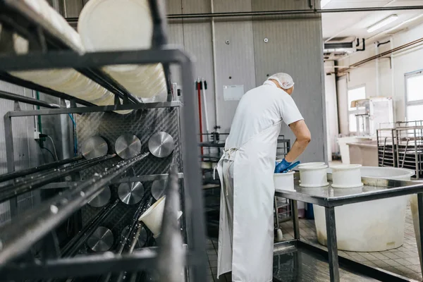 Trabajador Manual Fábrica Producción Quesos Lácteos Fabricación Tradicional Europea Alimentos —  Fotos de Stock