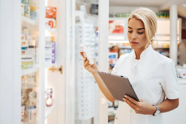Young Attractive Female Pharmacist Working Drugstore She Confident Serious — Stock Photo, Image