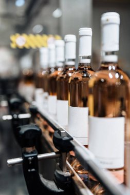 Sanayi şarabı şişeleme fabrikası teması. İçki şişeleme ve paketleme için modern sanayi üretim hattı. 