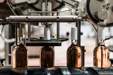 Sanayi şarabı şişeleme fabrikası teması. İçki şişeleme ve paketleme için modern sanayi üretim hattı. 