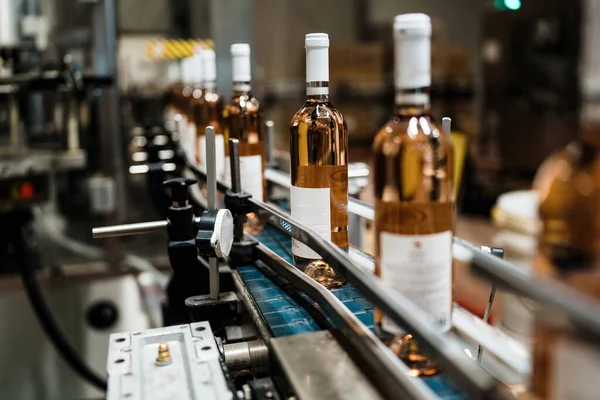Sanayi şarabı şişeleme fabrikası teması. İçki şişeleme ve paketleme için modern sanayi üretim hattı. 