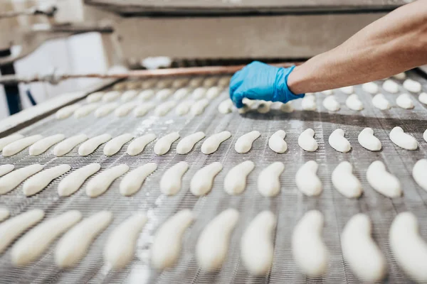 Huge factory line for sweet food and cookies production. Close up shots of worker\'s hand with protective glove doing some selection and product arranging.