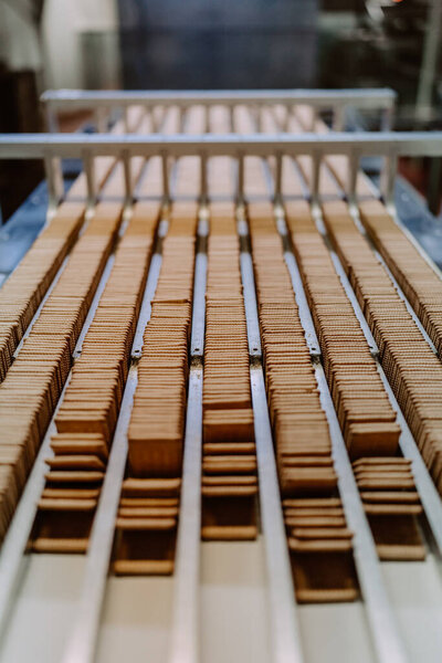 Huge factory line for sweet food and cookies production. Close up shots of industrial manufacturing process.