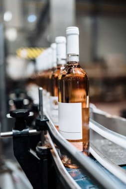 Sanayi şarabı şişeleme fabrikası teması. İçki şişeleme ve paketleme için modern sanayi üretim hattı. 