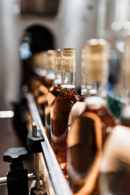 Sanayi şarabı şişeleme fabrikası teması. İçki şişeleme ve paketleme için modern sanayi üretim hattı. 