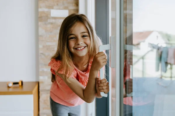 Beautiful School Girl Standing Living Room Smiling Looking Camera — Zdjęcie stockowe