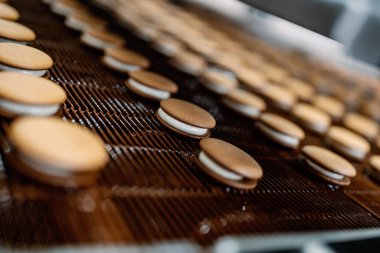 Tatlı yiyecek ve kurabiye üretimi için büyük bir fabrika hattı. Endüstriyel çikolata jöleleme sürecinin yakın çekimleri.