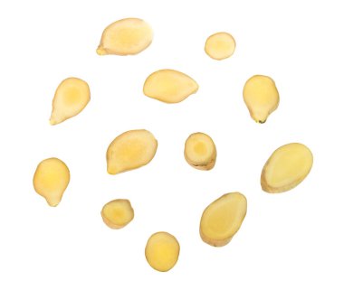 Bitki ve tıbbi ürün konsepti için beyaz zemin üzerinde taze kesilmiş zencefil kökü seti