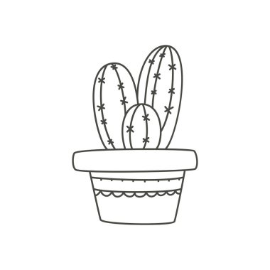 Cartoon cactus in cute pots. Outline icon. Vector illustration.