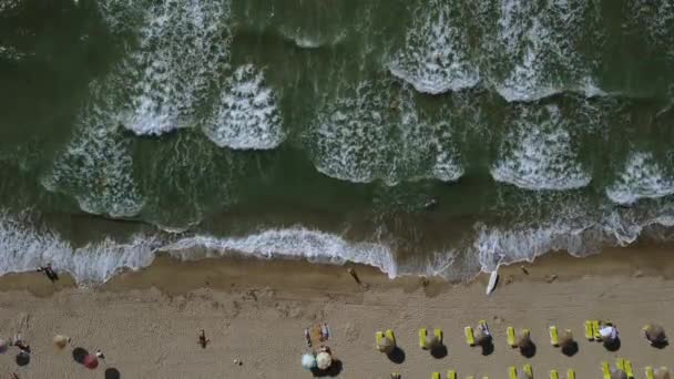 Вид Зверху Хвилястий Приморський Пляж Людьми Засмагає Ходить — стокове відео