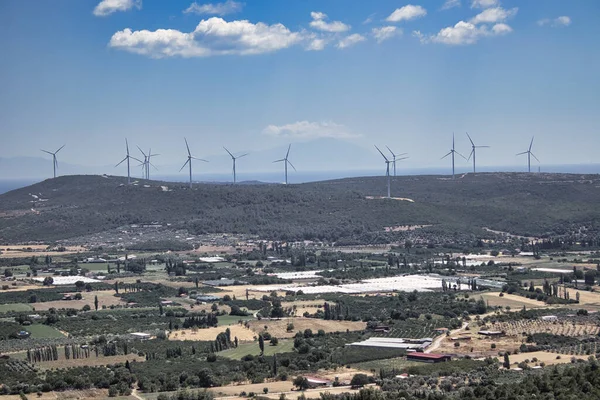 Tarlaların ve tarlaların manzarası, arka planda rüzgar türbinleri