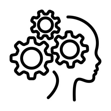 Doğrusal ikonun içinde çark olan insan kafası. Yapay zeka. Teknoloji gelişimi. Vektör çizgisi, satır illüstrasyonu