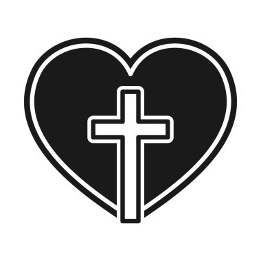 Hristiyan haçı simgesi kalbindeki simgede. Siyah Hıristiyan vektör sembolü çizimi