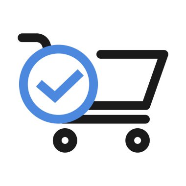 Shopping Cart and Check Mark icon. Blue tick vector illustration