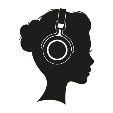 The girl listens to music on headphones. Musician avatar side view. Vector flat icon
