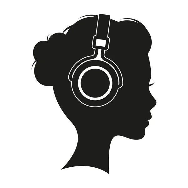 The girl listens to music on headphones. Musician avatar side view. Vector flat icon