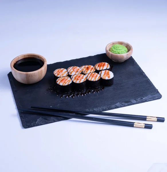 Sushi Maki Rolls Salmon Fresh Hosomaki Pieces Rice Nori Close — 图库照片