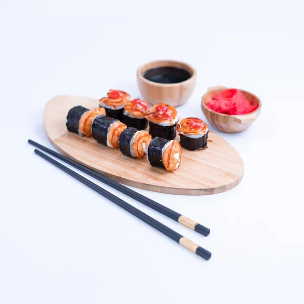 Shrimp Nigiri Sauce Sushi White Background Close Delicious Japanese Food — Stockfoto
