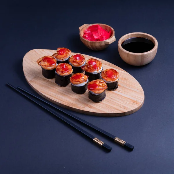 Shrimp Nigiri Sauce Sushi Black Background Close Delicious Japanese Food — Stockfoto