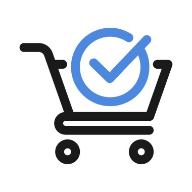 Shopping Cart and Check Mark icon. Blue tick vector illustration