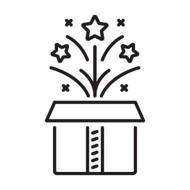 Sihirli kutu ana hatları simgesi. Hediye kutusunu aç ve sihirli yıldızlar vektör illüstrasyonunu göster.