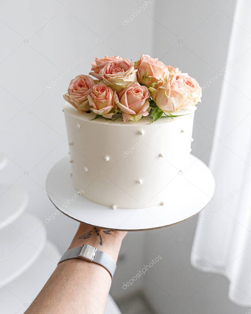 White Cake Pink Flowers Rose Wedding Hold on Hand