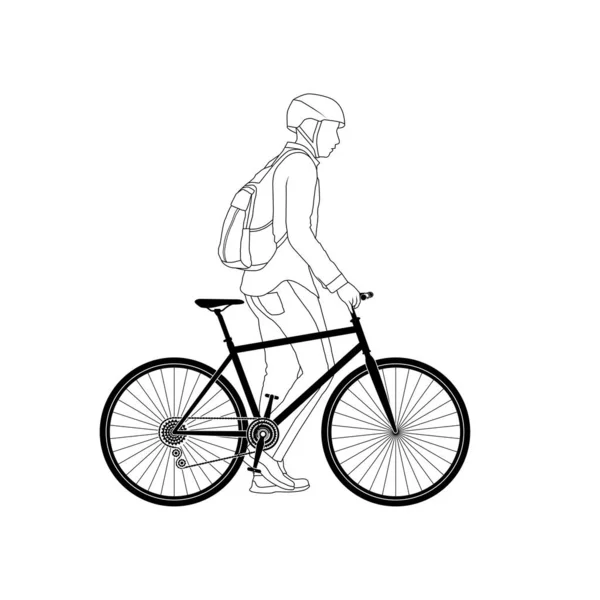 Arte Línea Joven Camina Una Bicicleta Híbrida Área Urbana Bicicleta — Vector de stock