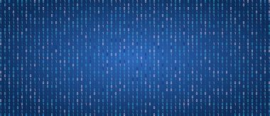 İkili kod arkaplanı, rastgele düşen 0 ve 1 basamaklı dijital veri akışı mavi bir arkaplanda. Teknoloji geçmişi. vektör
