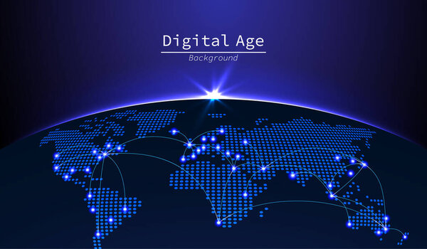 Futuristic background of Digital blue dotted world map on the edge of the Globe with the sunlight flare. The World is connected by Digital communication technology concept. vector