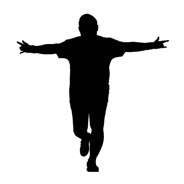 Silhouette Cheerful Young Fat Man Running Finish Line Vector — Stockový vektor