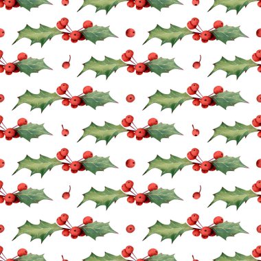 Kusursuz Noel şablonu. Sulu böğürtlenli suluboya arkaplan. Kış yaprakları tekstil ve ambalaj kağıtları için.