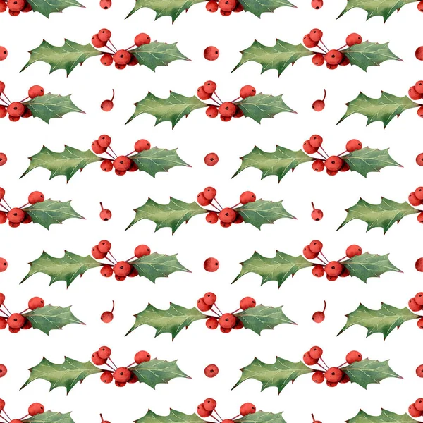 Bezešvé Vánoční Vzory Akvarelové Pozadí Cesmínovými Bobulemi Zimní Listy Složení — Stock fotografie