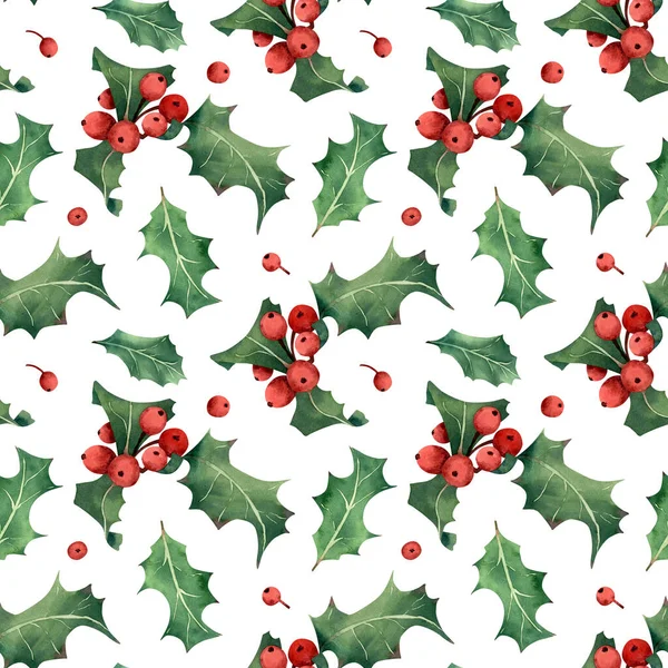 シームレスなクリスマスホリーベリーパターン 緑の葉 新しい年と冬の休日の装飾のための赤いベリー 包装紙と水彩の背景 — ストック写真