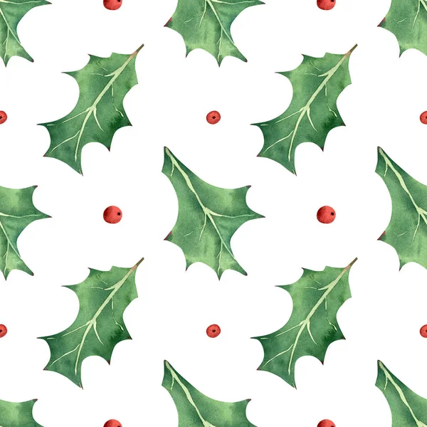 シームレスなクリスマスパターン 休日の繊維や包装紙のためのホリーベリーの葉やベリーと水彩の背景 — ストック写真