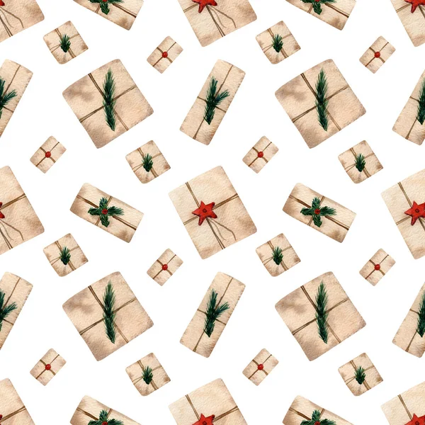 シームレスギフトボックスパターン クリスマスツリーの枝 包装紙のリボン 休日の繊維で飾られたクリスマスや新年の贈り物と水彩の背景 — ストック写真