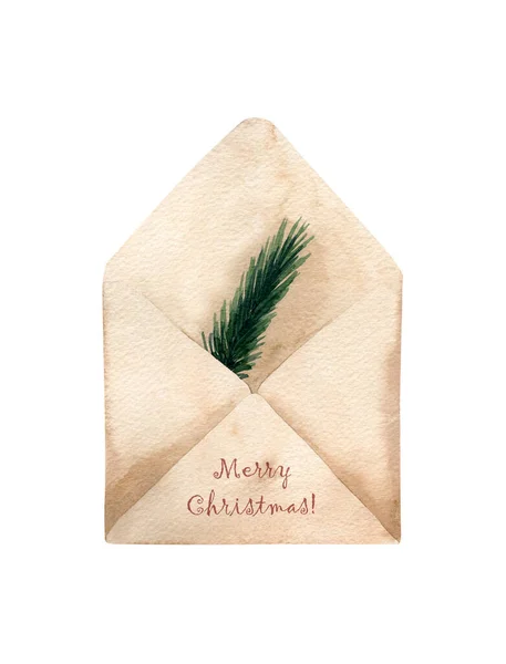Φάκελος Κλαδί Χριστουγεννιάτικου Δέντρου Και Γράμματα Καλά Χριστούγεννα Ακουαρέλα Εικονογραφήσεις — Φωτογραφία Αρχείου