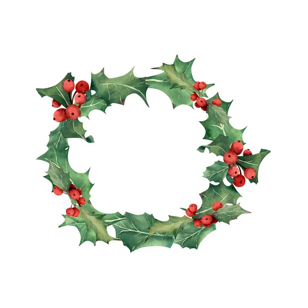 Watercolor Holly Berries Wreath Christmas Plant Illustration Winter Greeting Cards — Stock Photo, Image