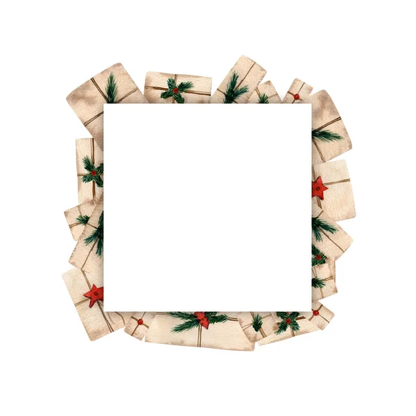 Cajas Regalo Navidad Acuarela Marco Cuadrado Regalos Decorados Con Ramas —  Fotos de Stock