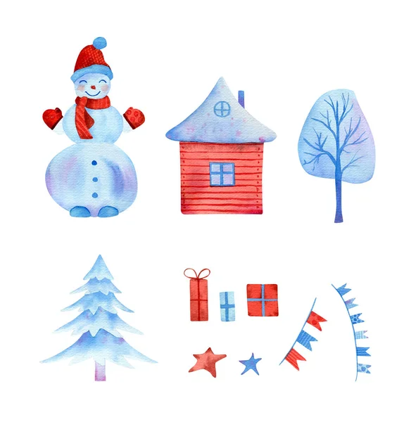 Υδατογραφία Εικονογράφηση Χιονάνθρωπο Χριστουγεννιάτικο Δέντρο Μπλε Χρώματα Χειμώνα Σπίτι Καμινάδα — Φωτογραφία Αρχείου